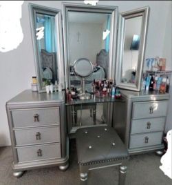 Silver Vanity Set with Tri-Fold Mirror and Stool
