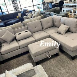 Gray 3-Pc Sectional Sofa With Storage Ottoman 