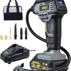 Brand New Unopened Tire Inflator Portable Air Compressor 20V  Rechargeable Battery 7 Nozzle Adapter 