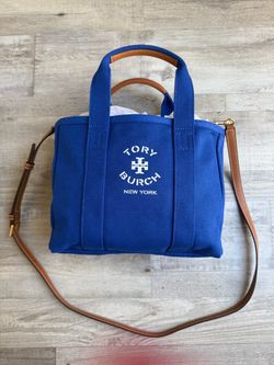 New Tory Burch Blue Canvas Tote with Leather Strap