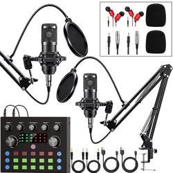 Podcast Equipment Bundle for 2, Audio Interface with Voice Changer Condenser Microphones for Gamer, All-in-One Audio Mixer Perfect for Live Streaming,