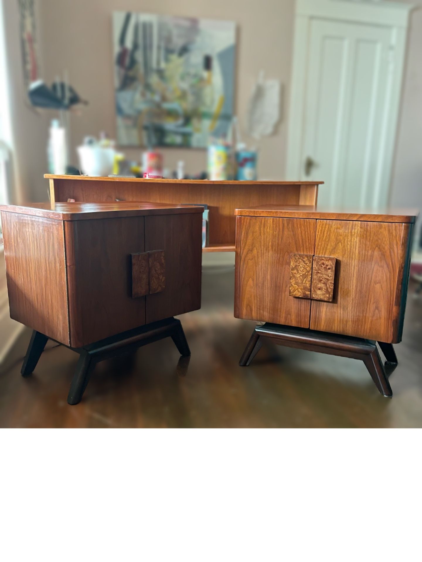 1960 Teak, Walnut And Burlwood Pair Nightstands