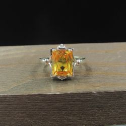 Size 6.5 14K White Gold Yellow Orange Sapphire Art Deco Band Ring