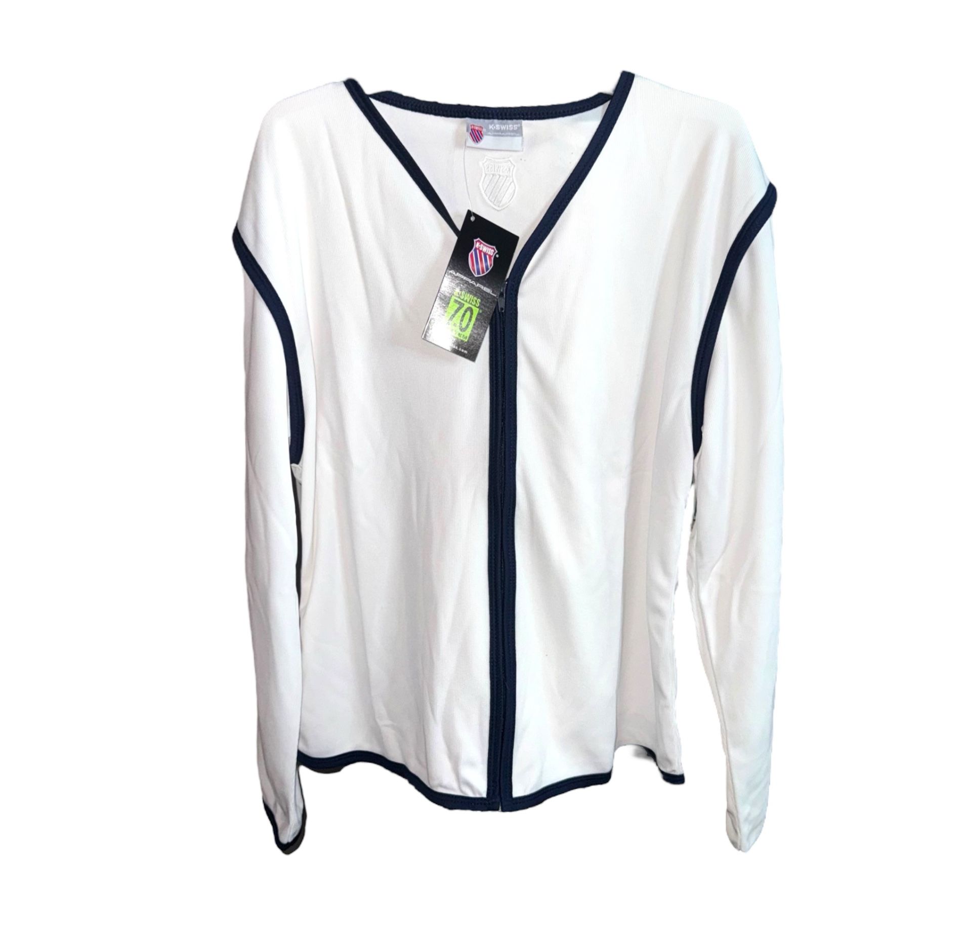 K-Swiss Apparel Womens Top Shirt Athletic  Glaciator Cardigan White/Navy Zipper Long Sleeve Size Large  