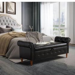 Modern Storage Rectangular Ottoman with Hinged Lid, Upholstered Foot Stool with Rolled Arm, Breathab