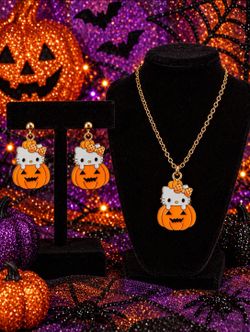 Hello Kitty Halloween Pumpkin Necklace and Earring Set