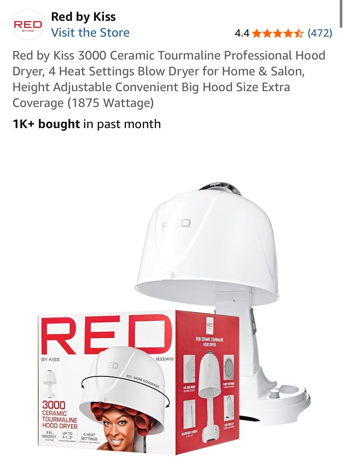Red by Kiss 3000 Ceramic Tourmaline Professional Hood Dryer, 4 Heat Settings Blow Dryer for Home & Salon, Height Adjustable Convenient Big Hood Size E