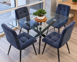 Glass Top Dining Table with 4 Blue Chairs
