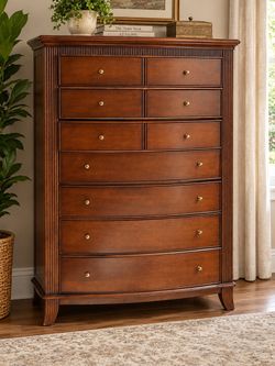 Elegant Cherry Wood Tall Chest of Drawers – Traditional Bow-Front Bedroom Dresser