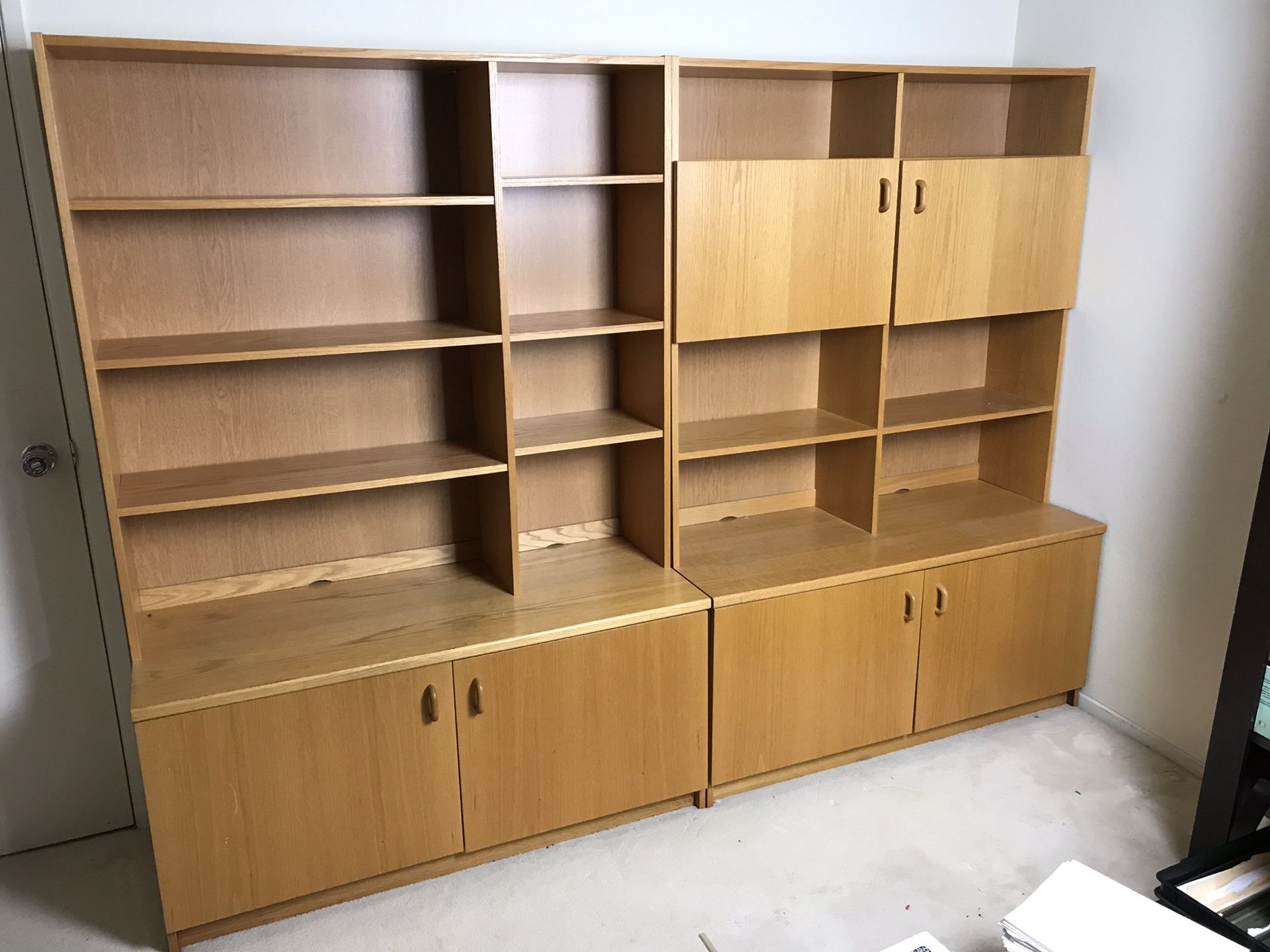 $175 firm. 2 piece wood set cabinet shelf storage 95”W x 68”H x 20”D
