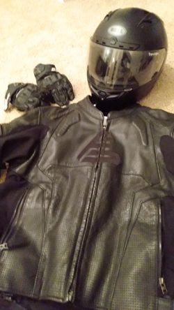 Motorcycle helmet, gloves, jacket