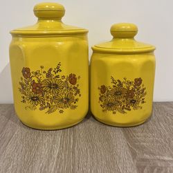 Vintage Yellow Floral Canisters With Lids 