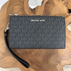 Michael Kors Jet Set Travel Large Double Zip PVC Leather Phone Wristlet MK Black