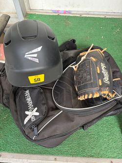 Baseball hat, glove and bag