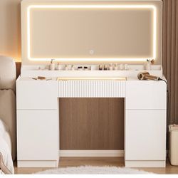 44" Vanity Desk with Large Mirror and Lights, Modern Glass Top Makeup Vanity Set with Power Outlet, 3 Drawers and 2 Cabinet, 3 Lighting Color Adjustab