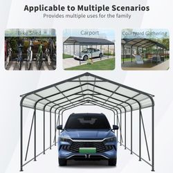 12 X 32 FT Carport, Heavy Duty Carport with Galvanized Steel Roof and Frame, Metal Carport Large Garage with 4 Fixed inclined square tube supports for