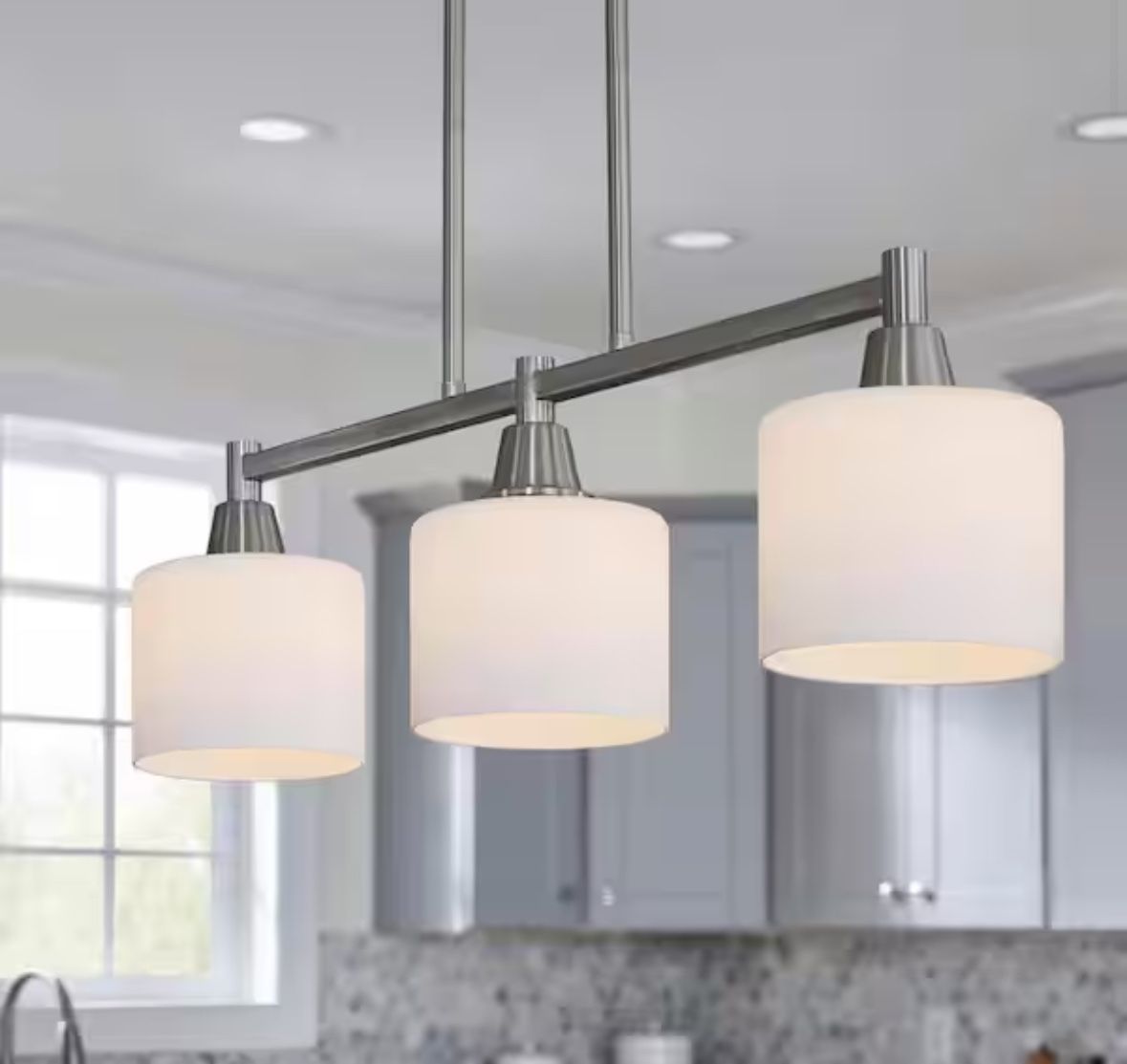 Oron 3 Light Brushed Steel Island Light with White Glass Shades