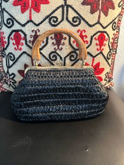 Black Woven Straw Handbag with Wood Handle