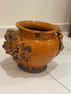 Glazed Ceramic Vase with Grape Cluster Detail