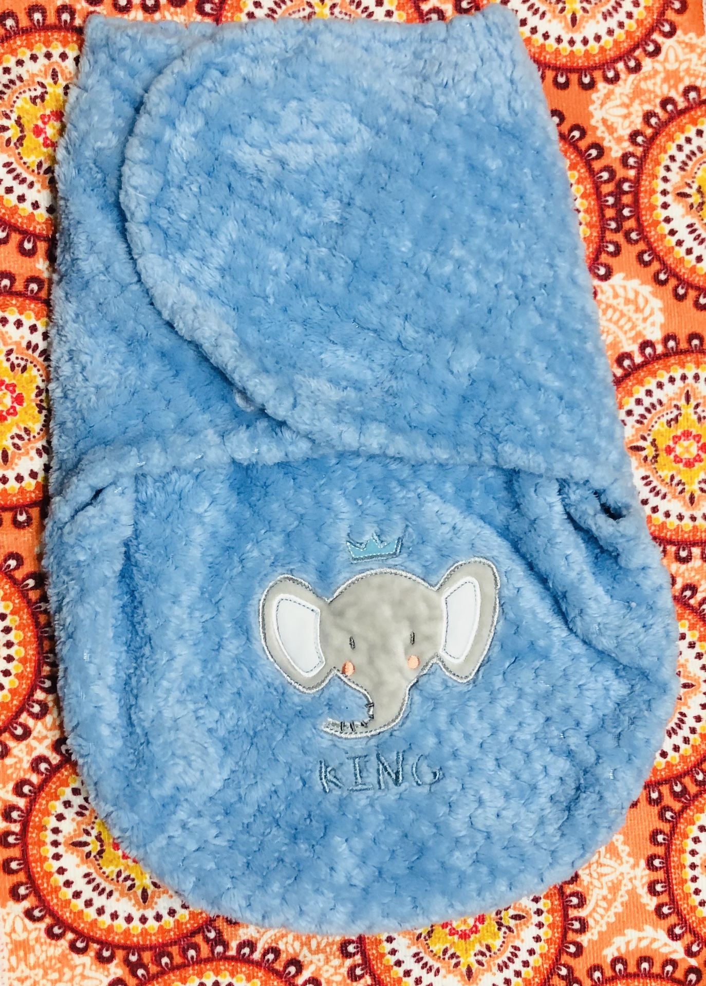 Baby boy’s sherpa receiving wrap blanket coat elephant King crown blue
