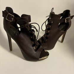 Brown Peep-toe Lace Up Heels Size 8