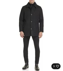 Kenneth Cole Men's Wool Single Breast Front Inner Quilted Wing Collar Coat BLK M