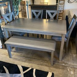 New 6 Piece Gray Dining Set 1 Table ,4 Chairs And 1 Bench