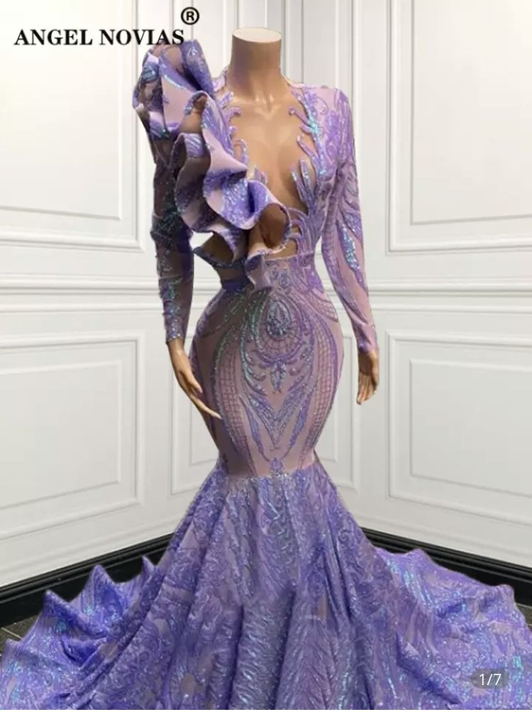 Prom Evening Formal Gown Purple Mermaid Glitter Bling Dress