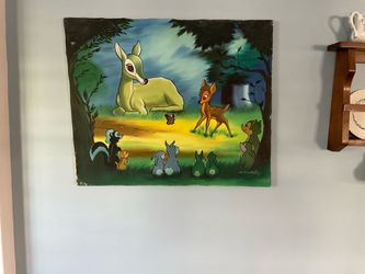 Vintage Hand Painted Oil on Canvas Disney “Bambi Meets His Forest Friends” signed