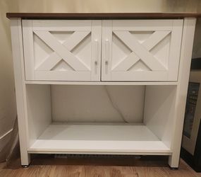White & Brown Farmhouse Cabinet / Coffee Bar / Printer Stand with Power Outlet & Barn Doors