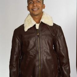 B3 BOMBER REAL SHEEP SKIN LEATHER JACKET With Fur On The Collar And Sleeves 