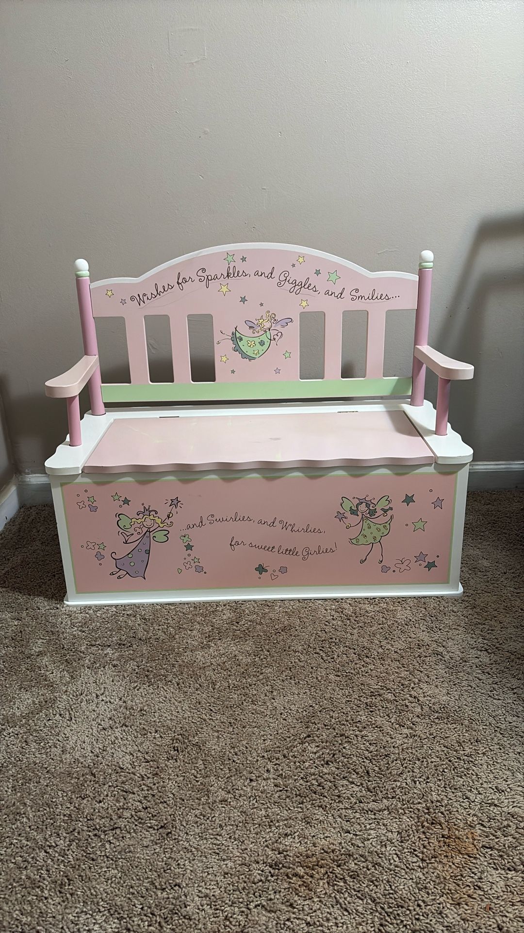 Kids Fairy Wishes Pink White Wooden Bench Seat with Storage