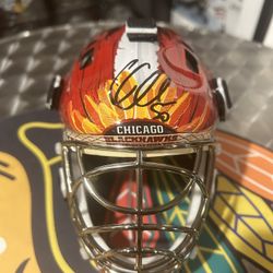 blackhawks football helmet Scott Darling Signed Full Size Chicago Goalie Mask (Schwart Super Sports Center Decorated with NHL team logos and colors Stockton Blackhawks HS 2016-2018 (IL)