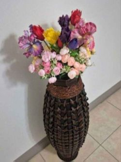 *** CLEARANCE *** Hand Woven Bamboo Floor Vase with Faux Iris / Tulips / Begonias @ Lasting Creations