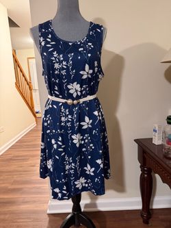 Navy Blue Floral Sleeveless Dress with Belt