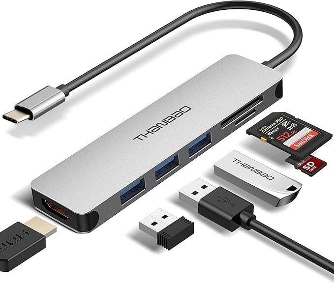 USB C Hub Multiport Adapter - 7 in 1 Portable Space Aluminum Dongle with 4K HDMI Output, 3 USB 3.0 Ports, SD/TF Card Reader Compatible for MacBook Pro