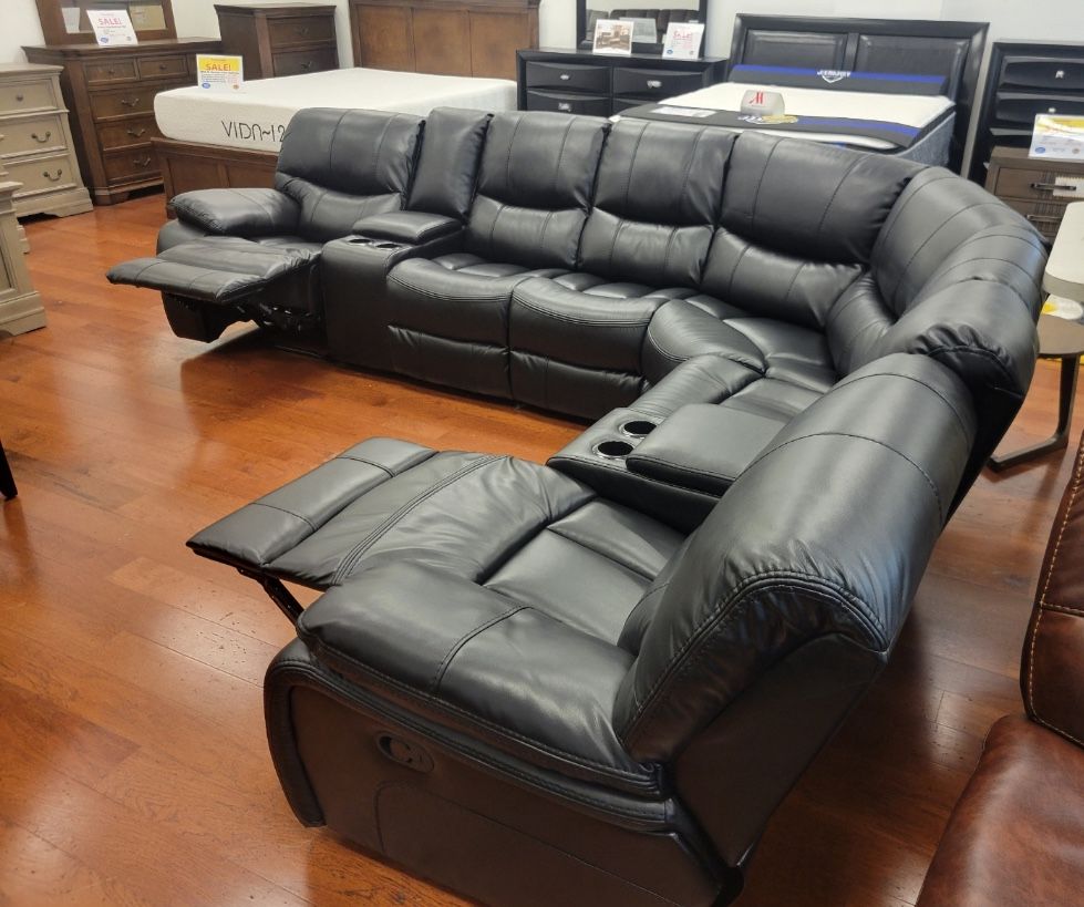 Black Friday sale now. Madrid black leather reclining sectional only $1799. Easy finance option. Same day delivery.