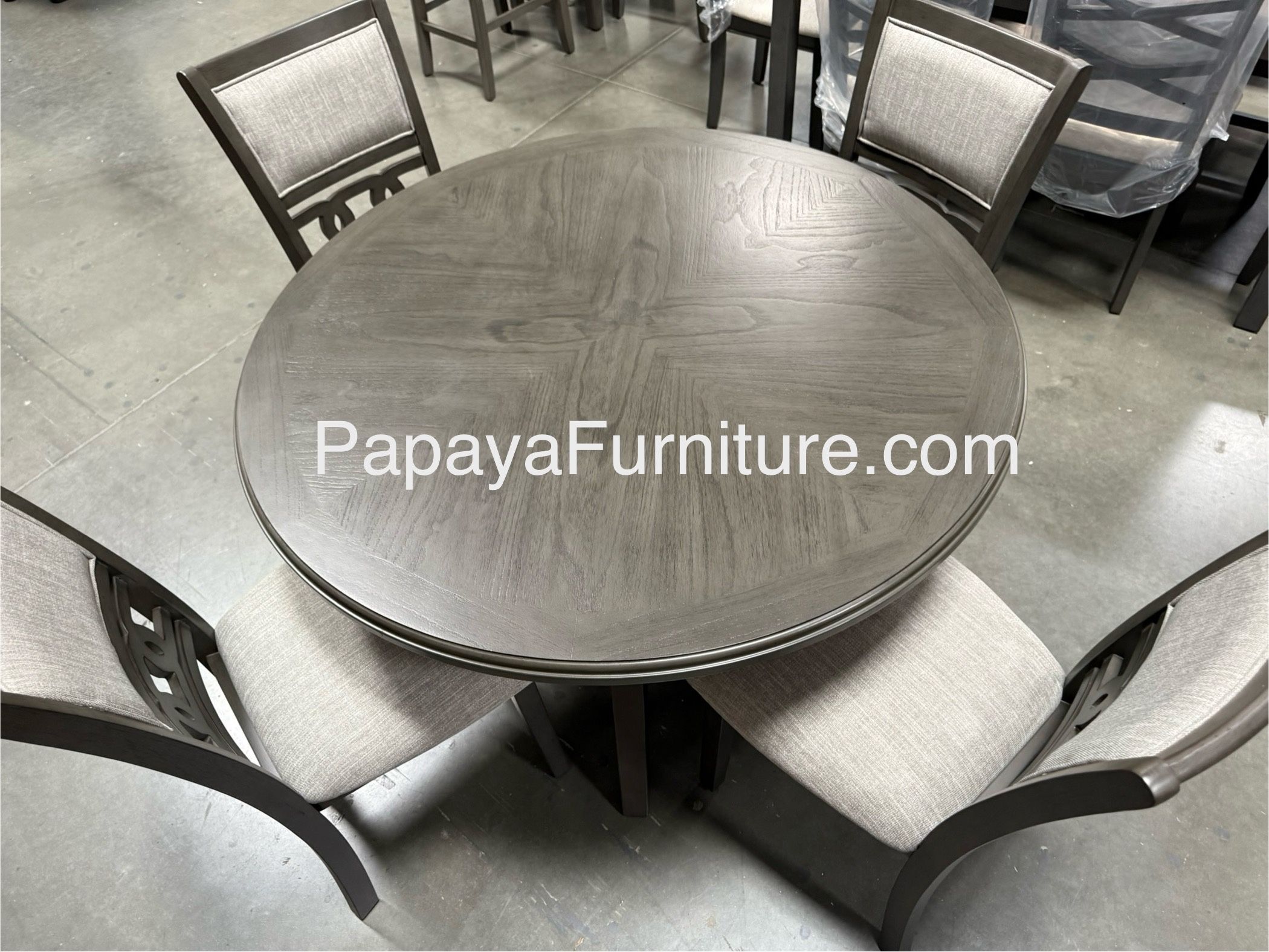 NEW Premium Quality 5 PIECE Round Table Dining Set Upholstered Fabric Cushion Chair Weathered Grey Finish Solid Wood Frame Ashley Jerome Style Kitchen