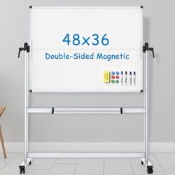 Double-Sided Mobile Whiteboard, 48 x 36 Inches Aluminium Frame 