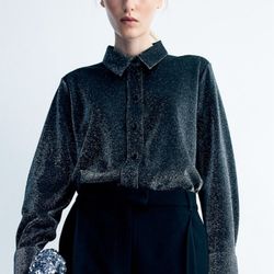 H&M Glittery Blouse shirt size M silver black New with tags elegant shimmering