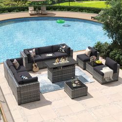 11 Piece Patio Furniture Set with 44" Fire Pit Table Wicker Rattan Outdoor Sectional Sofa Set with Coffee Table and Thickened Cushions, Grey/Black