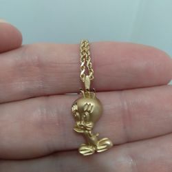 14KT SOLID GOLD TWEETY BIRD CHARM AND THICK GOLD NECKLACE