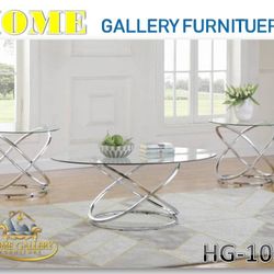 Coffee Table 3pc Modern Glass Top Coffee End Table Set with Spinning Circles Base Design