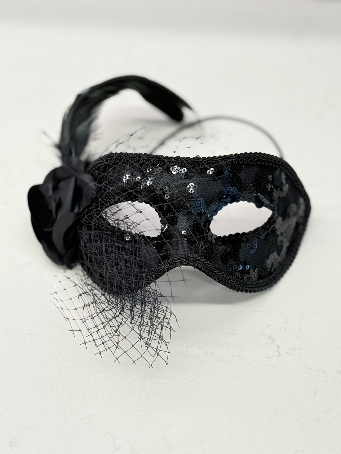 Black Masquerade Mask with Rose & Feather