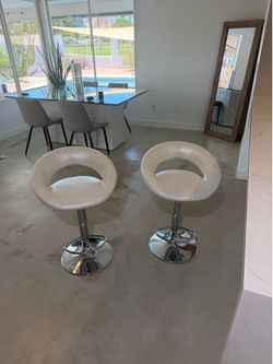 2 Adjustable White Leather Swivel Bar Stools