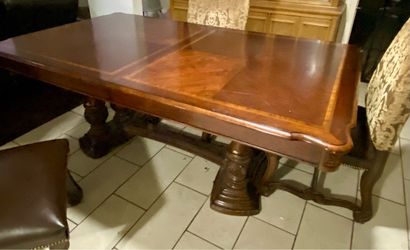Large Wood Dining Table with Carved Pedestal Base