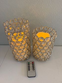 Set of 2 Crystal Looking Candle Holders with Flickering Candles and Remote Control
