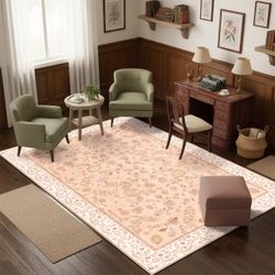 9x12 XL Washable Nonslip Low Pile Vintage Area Rug, Pink/Citrus, NEW