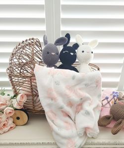 TODDLER GIRLS BOHO RATTAN/WICKER DOLL STROLLER **CROCHET BUNNIES, BLANKET, ETC. NOT FOR SALE**