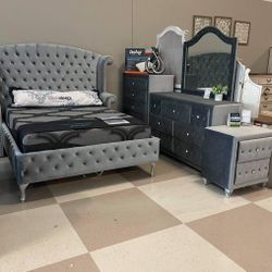 Brand New | Coaster Deanna Grey Queen 4 Piece Bedroom Set (Bed Frame, Dresser, Mirror and Night Stand) 